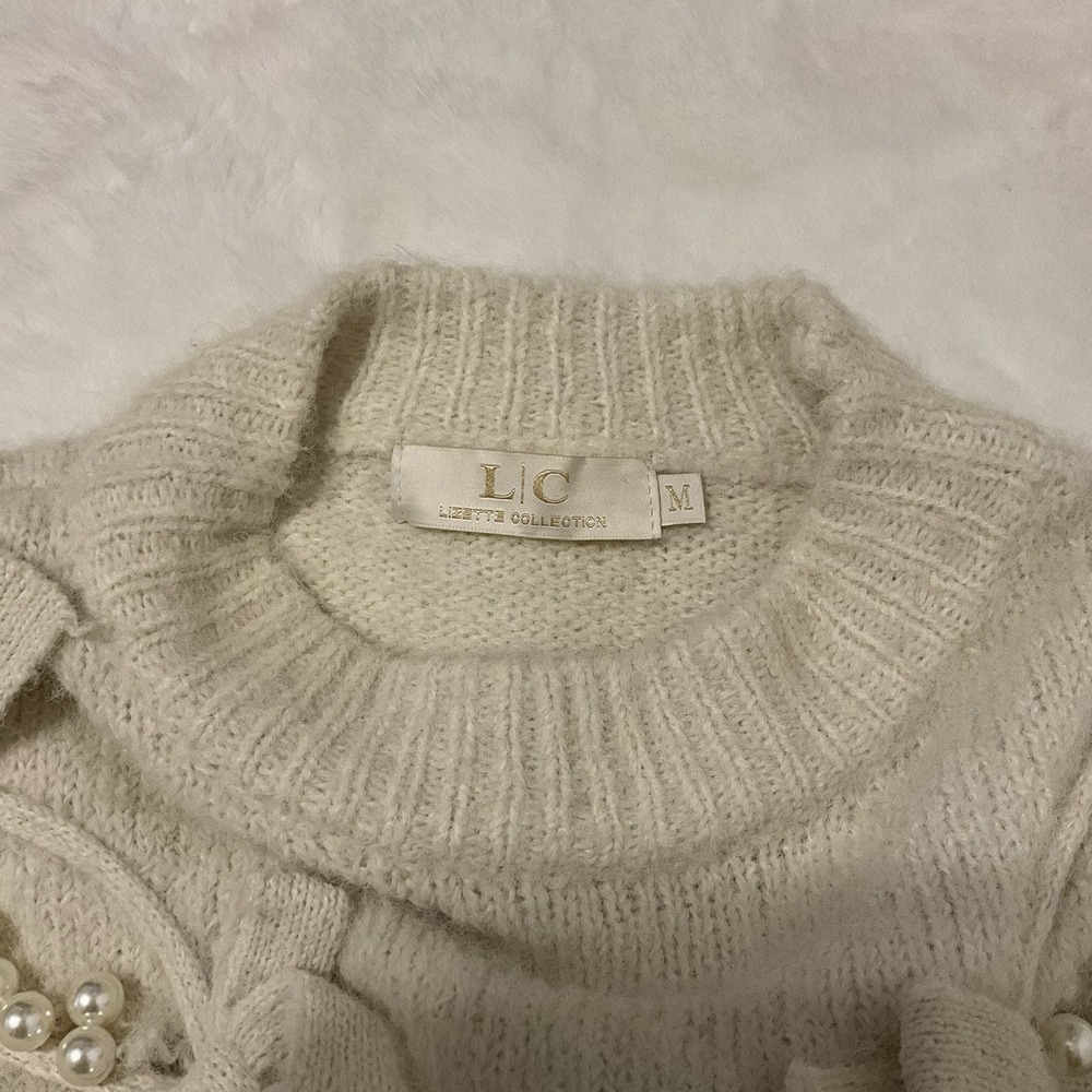 LC Lizette Collection Sweater Top Womens M Ivory Pearl And Bows Ribbed Knit - Picture 2 of 5